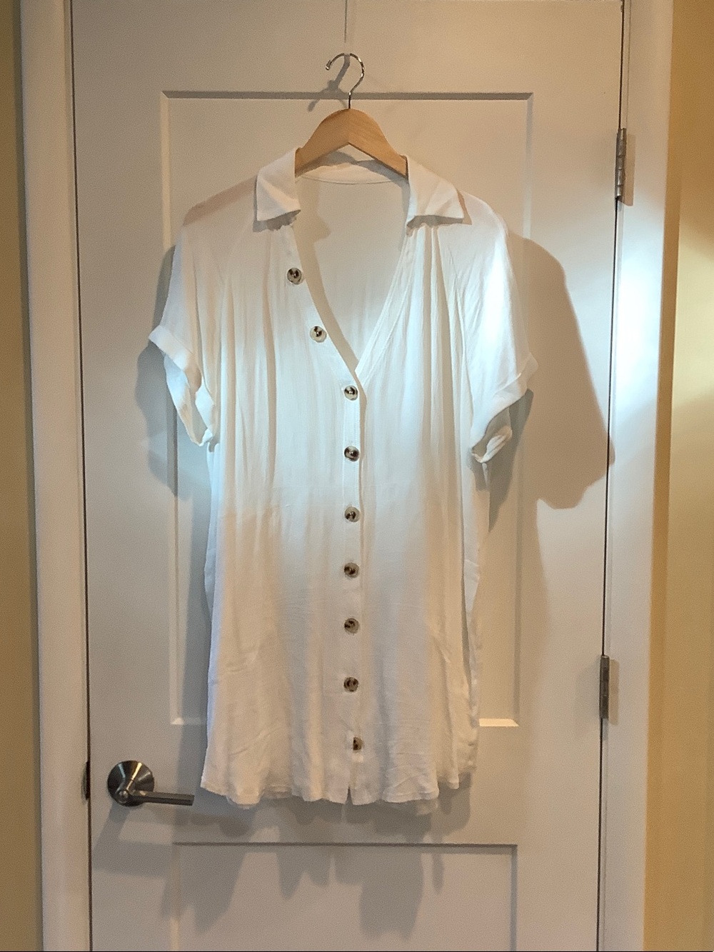 Classic White Button-Down Shirt Dress with Short Sleeves